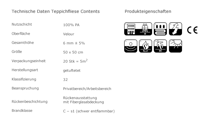 Technische Daten: Contents Teppichfliesen